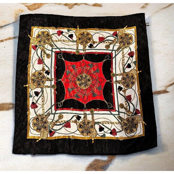 Vintage Baroque Style Silk Scarf 33in Square Lion Medallion READ Red Black Gold - Picture 1 of 9